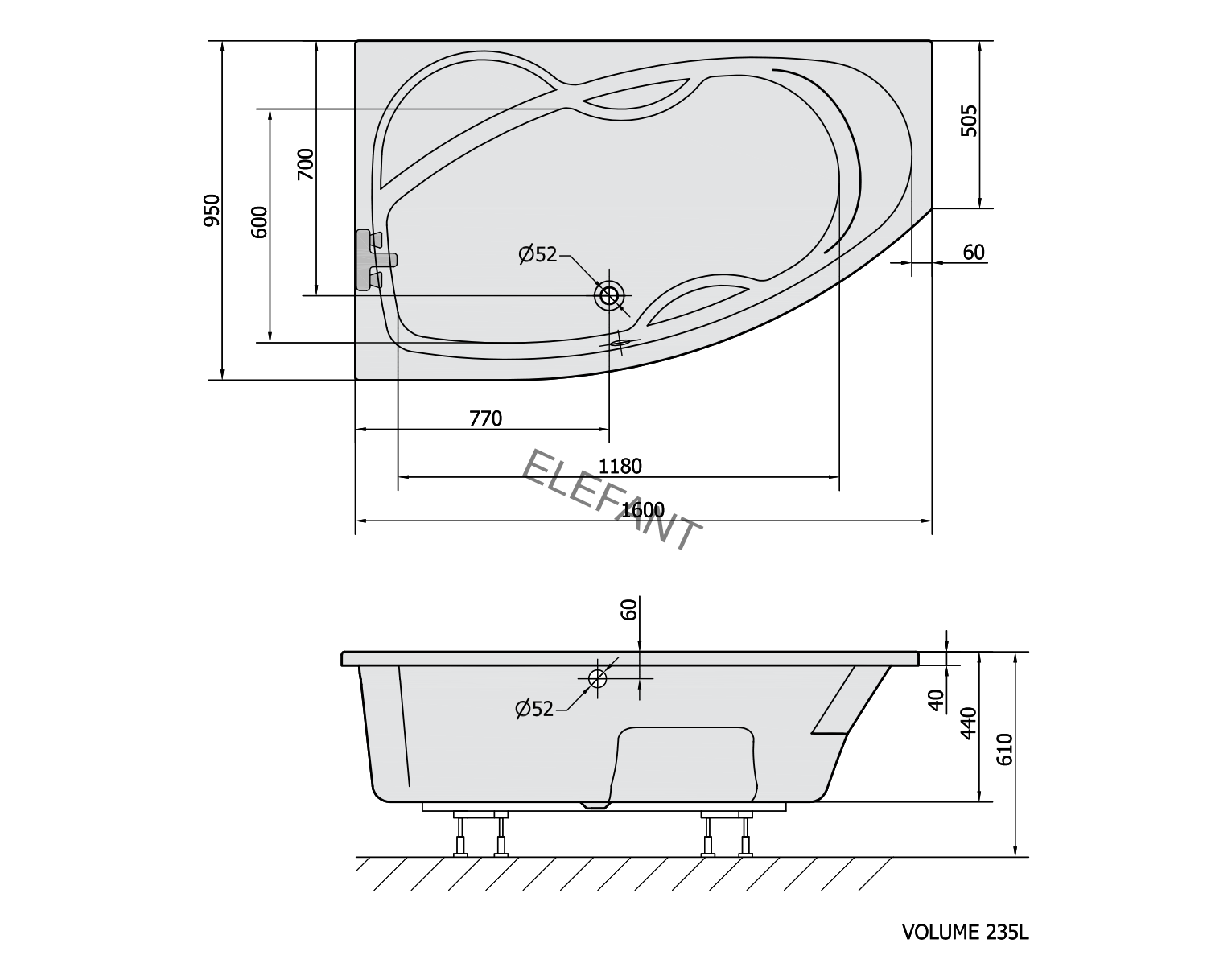 MAMBA L asymetrická vana 160x95x44cm, bílá